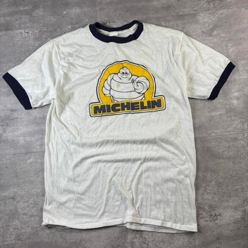 Michelin Ringer Tee Men Medium White Vintage 70s Michelin Man Graphic Shirt